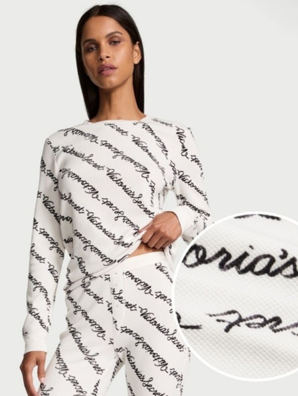 Victoria's Secret women's M White Script Logo Pajama Set White Waffle Knit